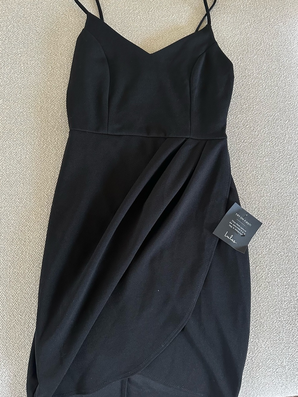 Lulu's Black Asymmetric Tulip-Front Slip Mini Dress